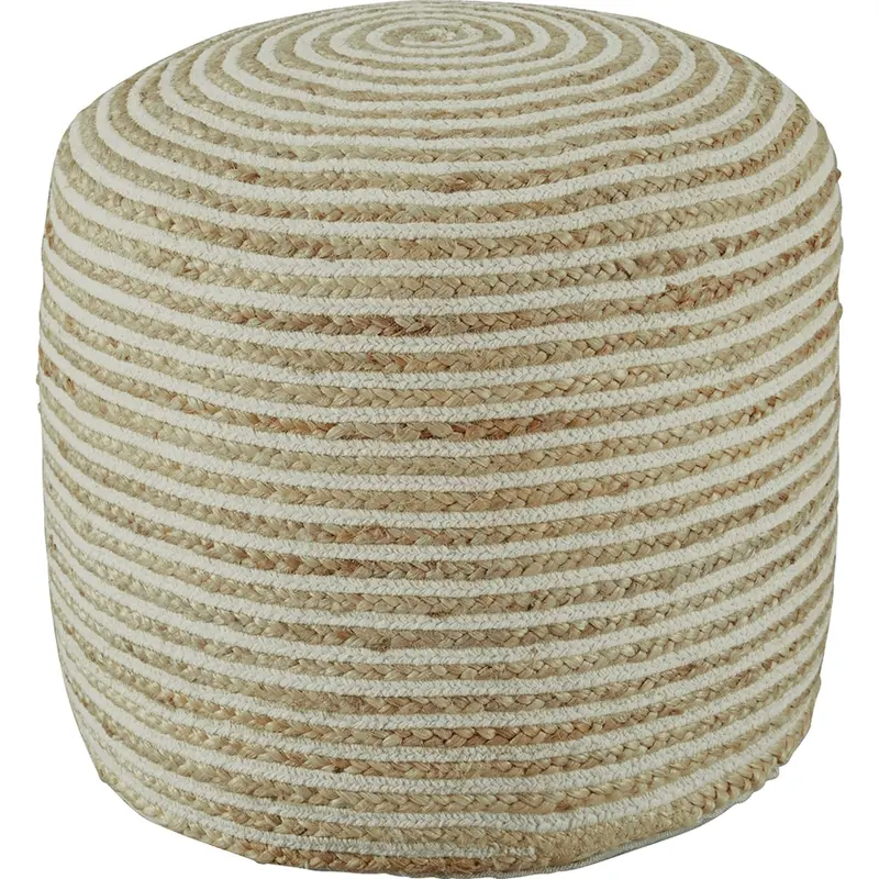 Aildon Natural Jute And White Fabric Pouf Accent Footstool 1