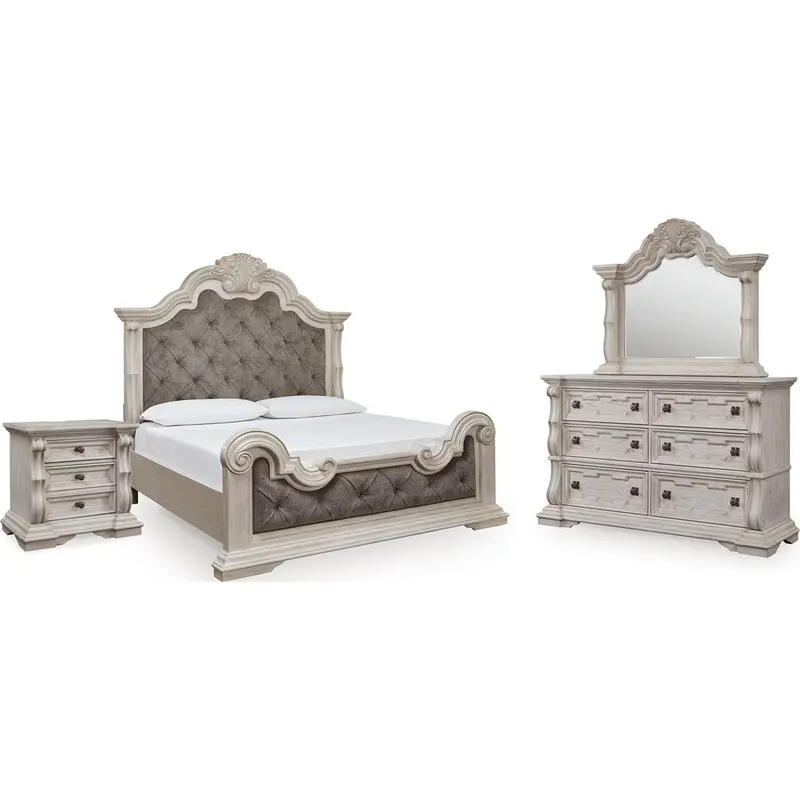Bruchandi Antique White King Bedroom Set – 6-Piece Panel Bed Collection 1