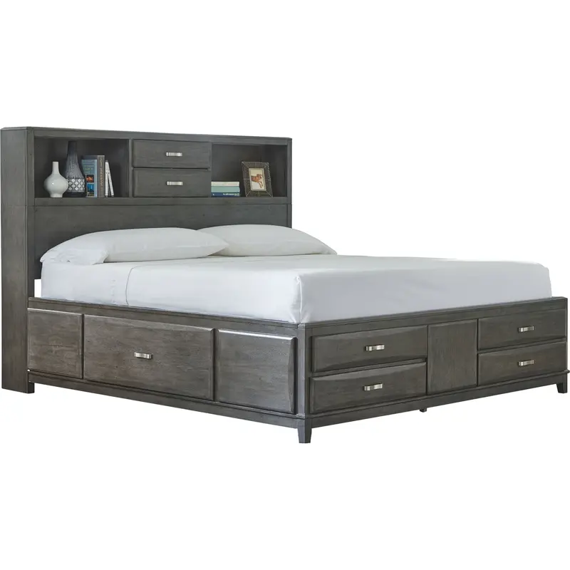 Caitbrook Storage Bed With Bookcase Headboard – Gray Fabric And Engineered Wood 1