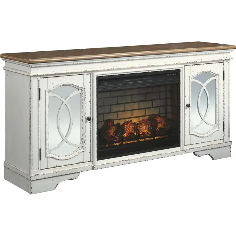 Chipped White Realyn Tv Stand With Built-In Electric Fireplace 1