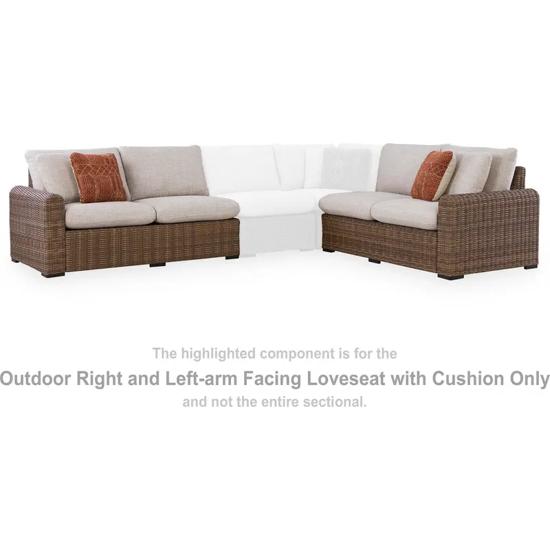 Dolan Creek Beige And Brown Outdoor Loveseat – Left And Right Arm Configuration With Cushions 1