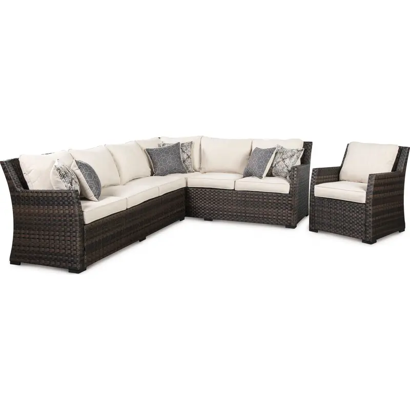 Easy Isle Two-Piece Outdoor Sectional Set With Coordinating Armchair – Dark Brown & Beige Weave 1