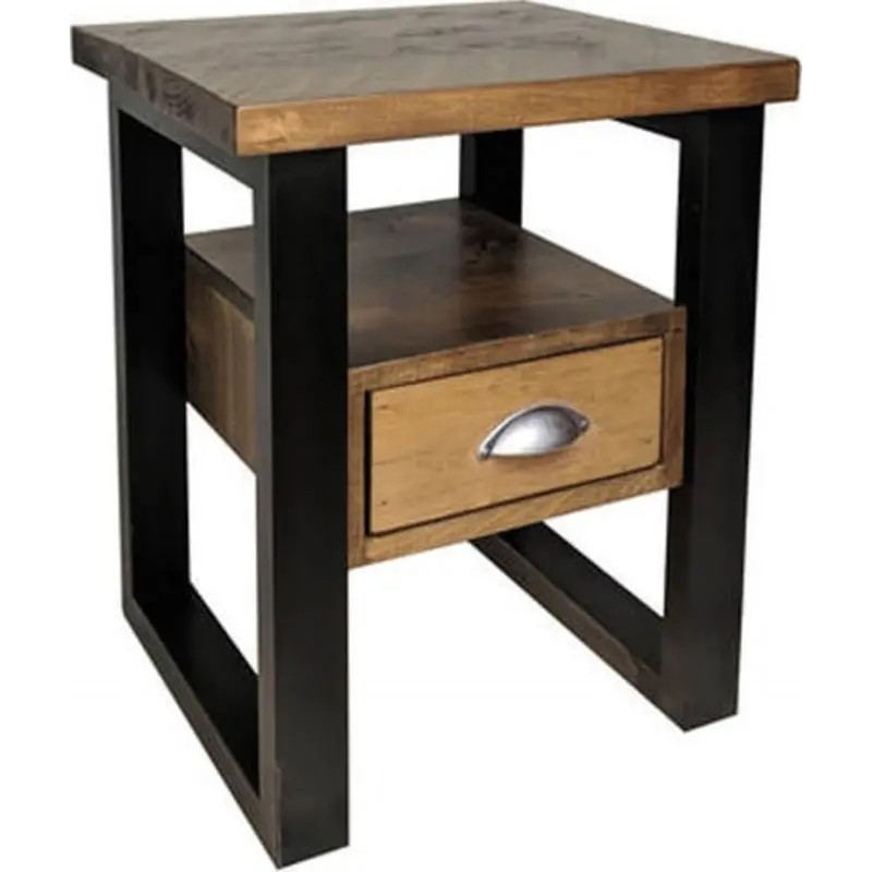 Farmhouse End Table – Classic Wood Stain With Black Metal Accents 1