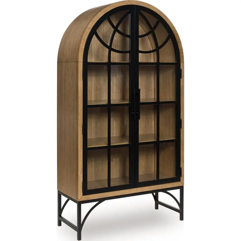 Gwenwich Natural Wood And Matte Black Accent Cabinet With Slatted Panels 1
