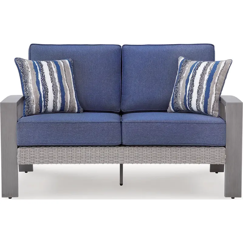 Half Moon Beach Blue/Gray Outdoor Loveseat With Weather-Resistant Cushions 1