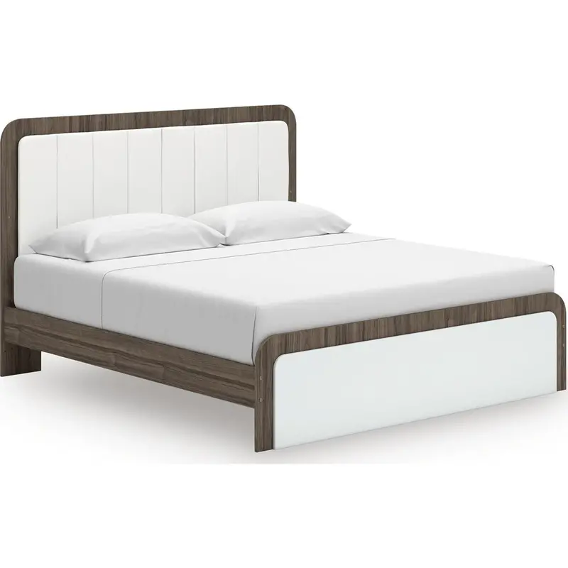Kendanport Upholstered King Bed – White And Brown Textured Finish 1