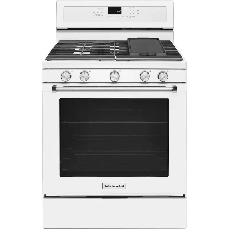 Kitchenaid 30-Inch 5-Burner Gas Convection Range In White – Model Kfgg500Ewh 1