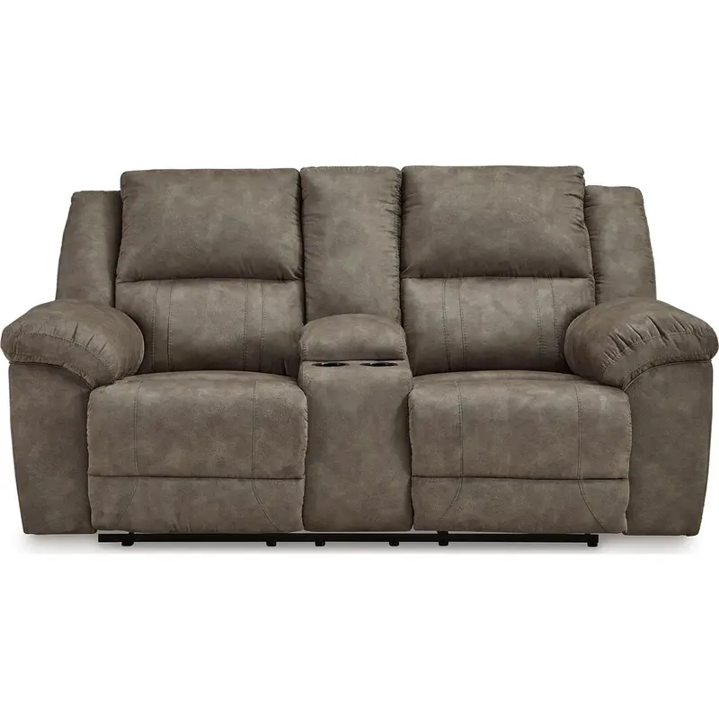 Laresview Reclining Loveseat With Center Console – Fossil Gray Fabric 1