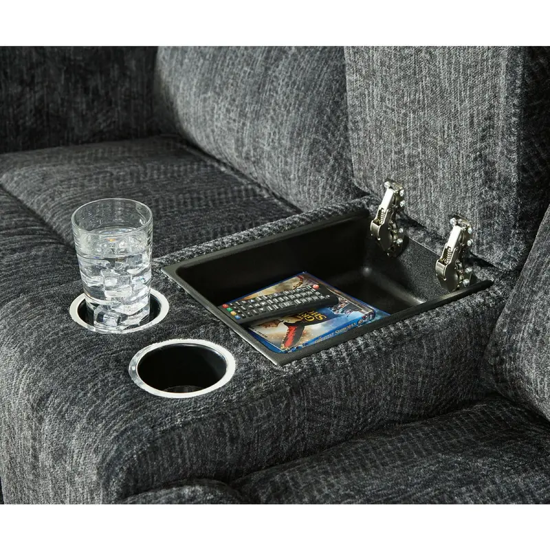 Martinglenn Reclining Loveseat – Ebony Leather-Look With Center Console 1