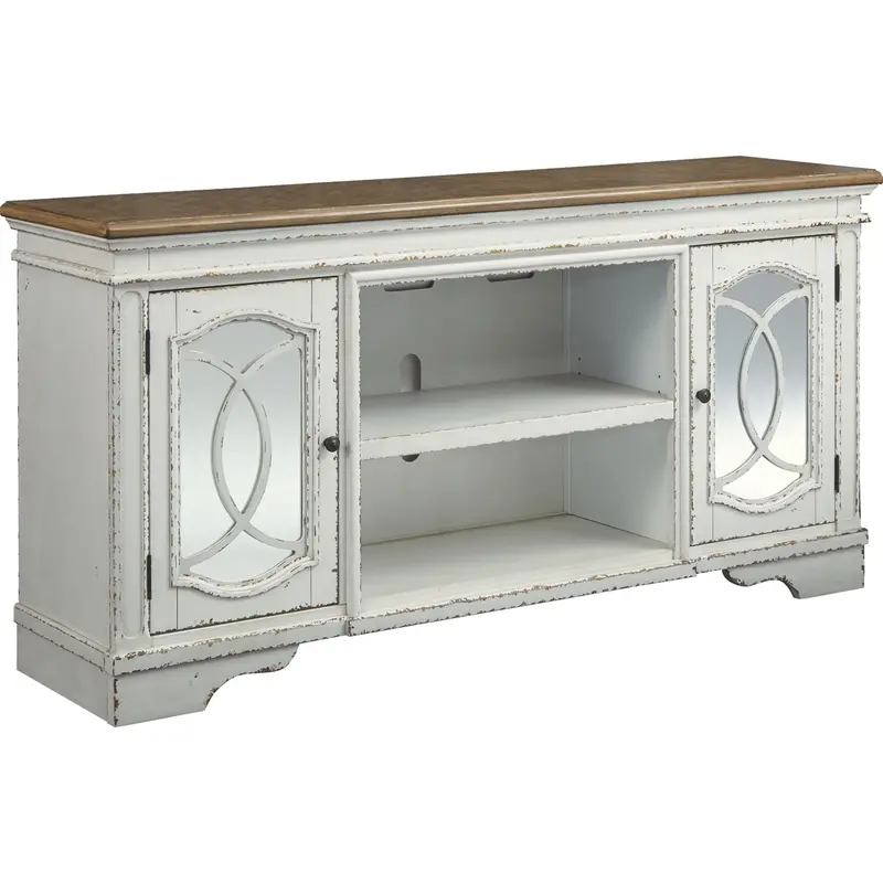 Realyn Chipped White Tv Stand With Open Shelving 1