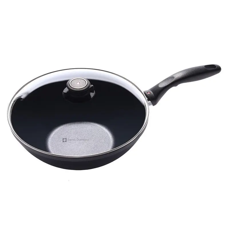 Swiss Diamond Induction Wok Set: Stainless Steel Wok, Tempered Glass Lid & Adjustable Tempura Rack 1