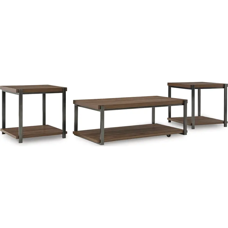 Trindwick 3-Piece Nesting Table Set – Brown Wood Tops With Gunmetal Legs 1